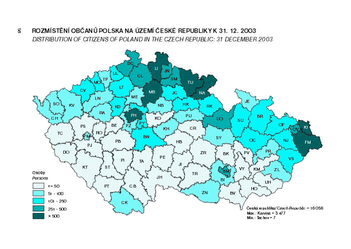Kart. 9 Rozmístění občanů Polska na území České republiky k 31. 12. 2003